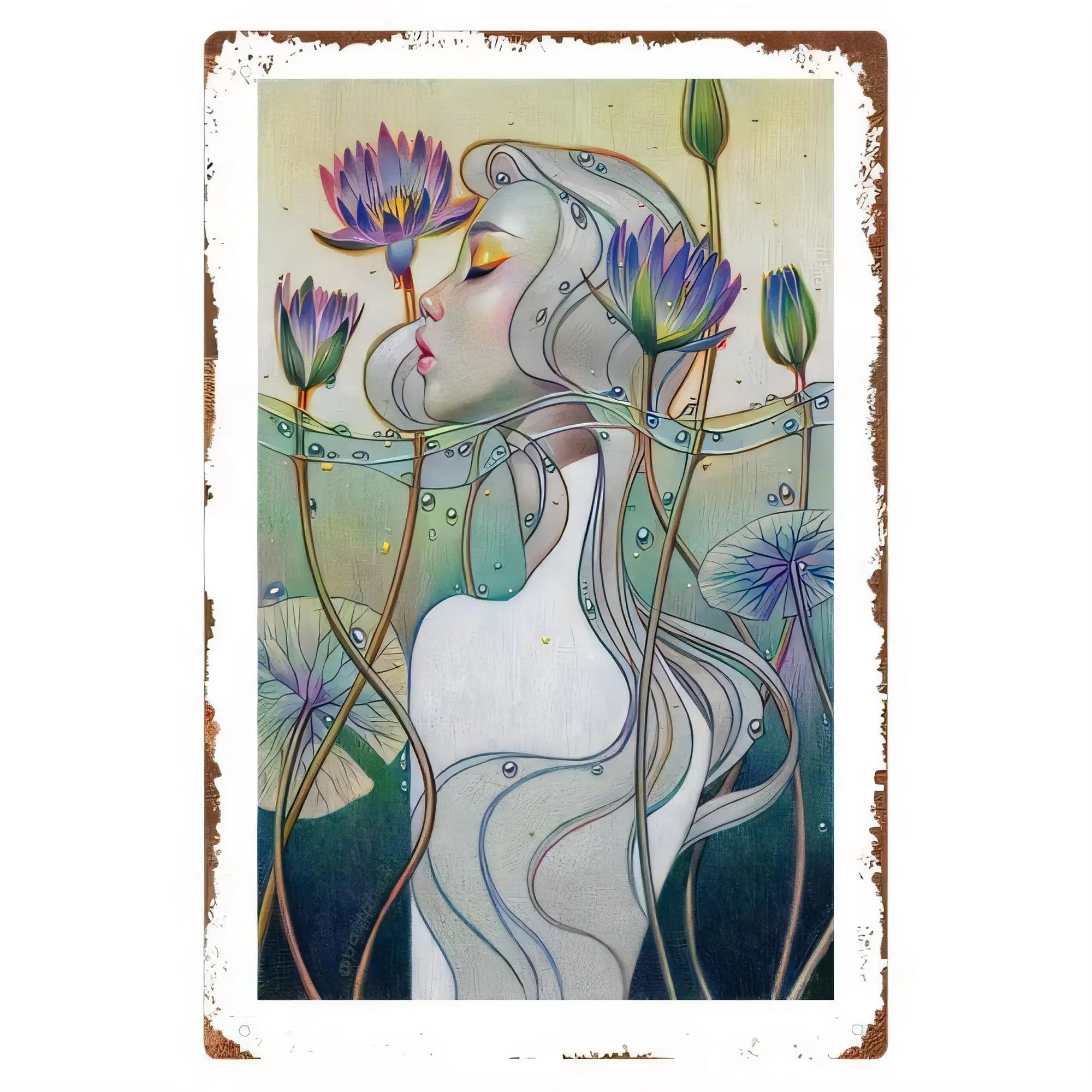 Tin Sign for Wall Decor, Vintage Retro Boho Floral Lady with Tulips and Butterflies Artwork, Metal Plaque Poster for Living Room