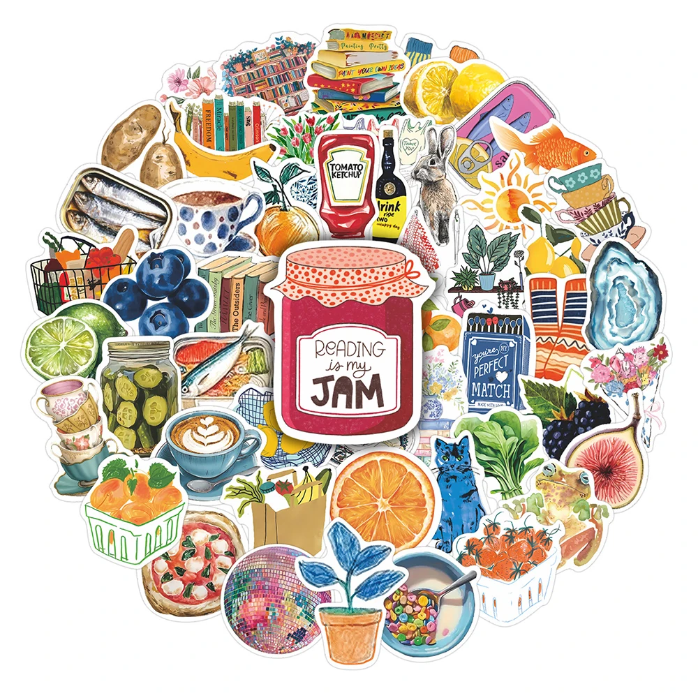 10/30/55pcs Creative Retro Mediterranean Food Aesthetic Stickers Waterproof DIY Suitcase Notebook Laptop INS Cartoon Sticker Toy