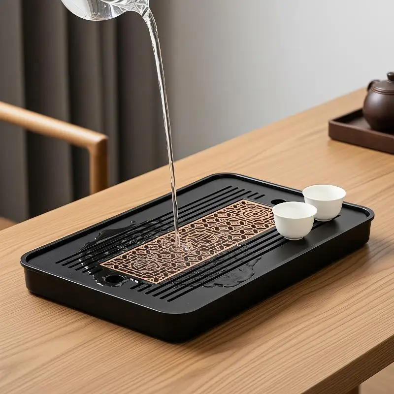 Double-Layer Wooden Tea Tray With Drainage Engraved Floral Design Rectangular Tray Tea Set Accessory Perfect For Serving Tea