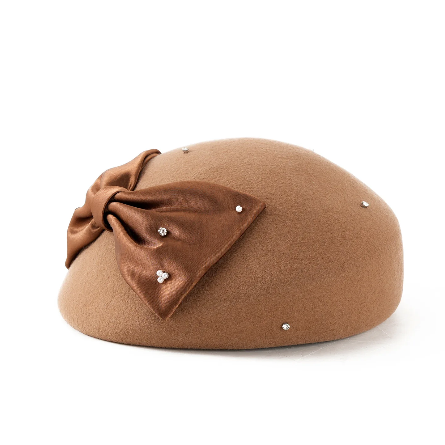 

2025 Autumn Design Ivory Coffee Beret Cap Large Bow Rhinesttone Rivet Fedora Cap Pure Wool Felt Warm Berets Winter Sombrero Hat