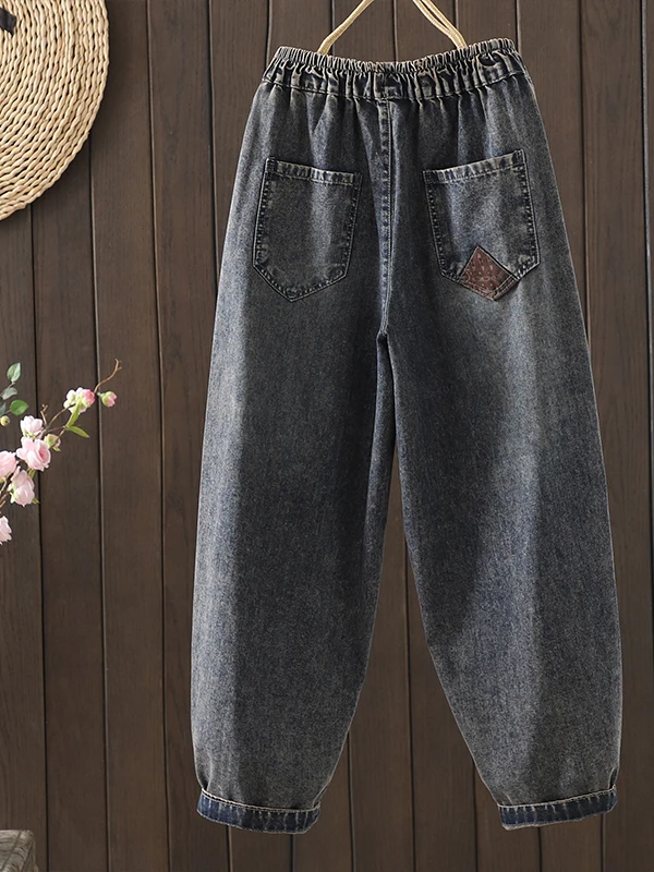 Retro Ethnic Style Embroidered  Plum Blossom Jeans Women Loose Patchwork Print Trousers Nine Points Harlan Spring Model