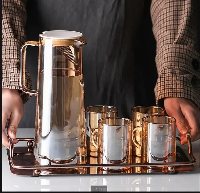 

Glass Drinkware Set Seven-piece Set Transparent Amber Cold Kettle Home Drinking Glass Water Bottles with Stainless Steel Tray