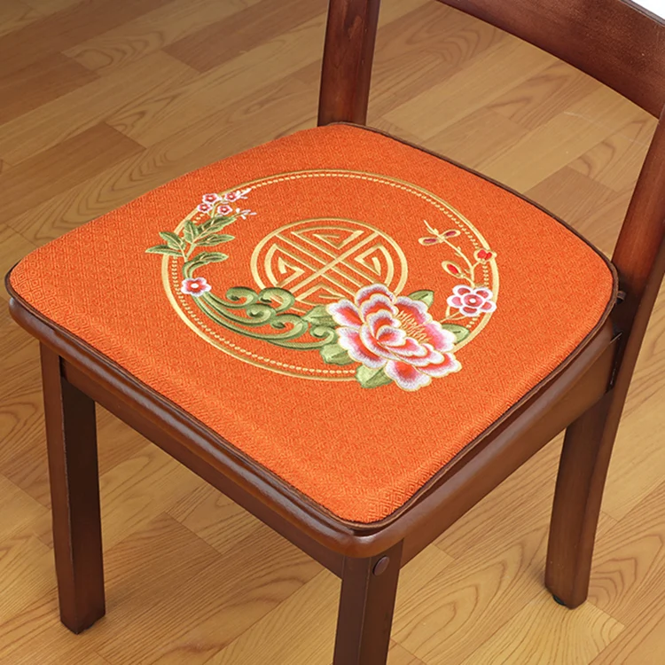 Custom Chinese Embroidered Lucky U Shape Seat Cushions Dining Office Chair Pads Replaceable Non-slip Linen