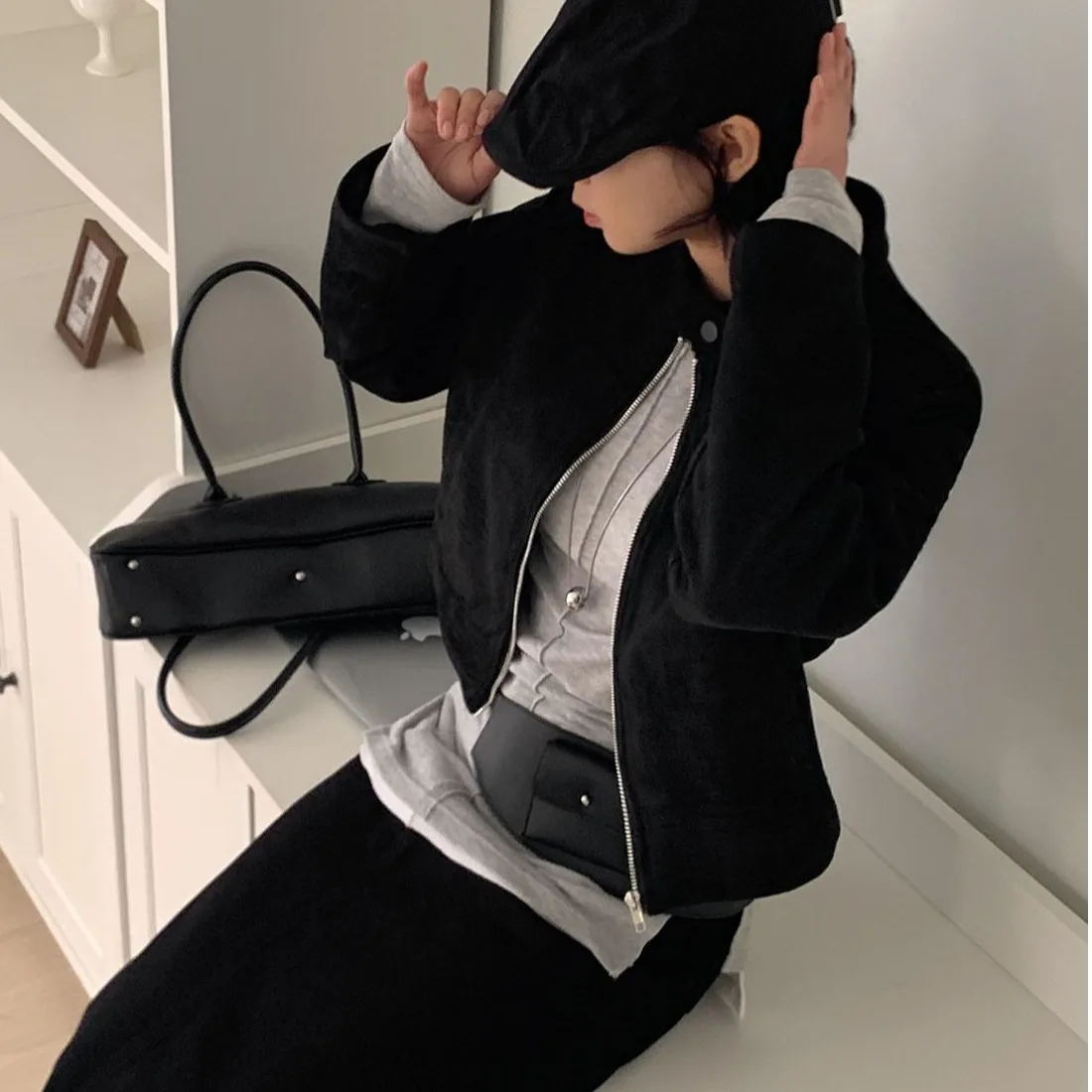 Or Biker Jaet da donna autunno inizio stagione versatile semplice eleganza colletto alla coreana vita alta ular top in pelle scamosciata