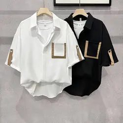 Men's Pocket Patchwork Loose Street Casual Blouse Summer Short Sleeve Contrast Fashion Shirt Tops High Street Trend Men Clothing