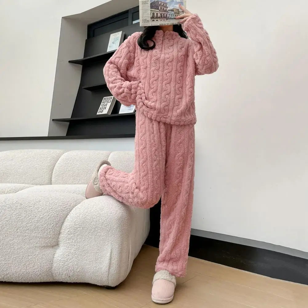 2 piece Set Thickened Warm Fashion Coral Velvet Pajamas Autumn Winter Padded Ladies Casual Elastic Striped Comfortable Homewear