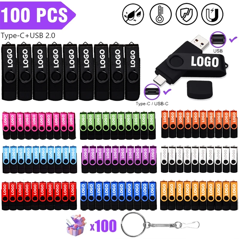 

100 шт./лот USB-флешка Type-C 128 ГБ с бесплатным индивидуальным логотипом Pendrive 64 ГБ 2 в 1 Pendrive Clé USB3.0 32 ГБ 256 ГБ Вращающийся USB 16 ГБ