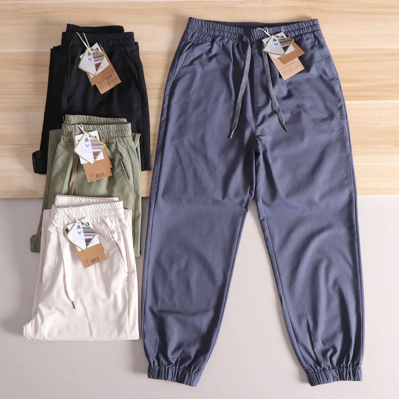 

Повседневные мужские брюки свободного кроя с эластичной резинкой на талии, льняная смесь, дышащие летние тонкие длинные брюки, модные городские прямые брюки