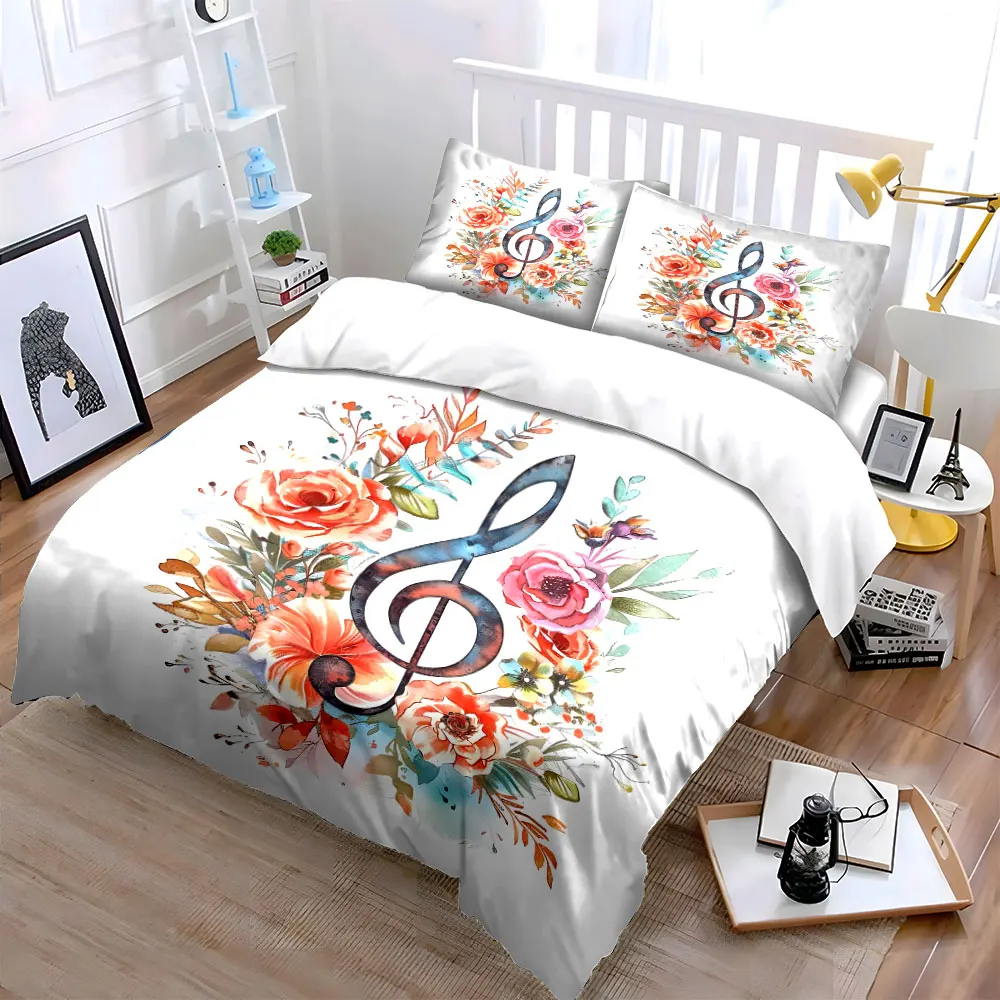 Musical Note with Surrounding Flowers Pattern Duvet Cover Set Digital Print Colorful Polyester Bedding with Zipper Closur