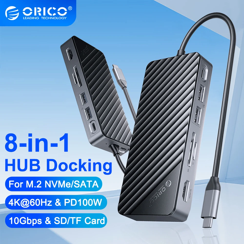 ORICO USB C HUB with SSD Enclosure Laptop Docking Station M.2 NVME SATA NGFF SSD Enclosure with 4K HDMI 100W RJ45 SD/TF 10Gbps