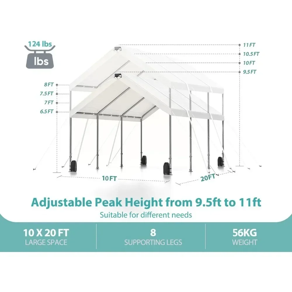 10*20 Heavy Duty Carport Canopy Oversized Portable Car Tent Garage With Peak Height Adjustable From 9.5 Feet to 11 Feet SUV Home