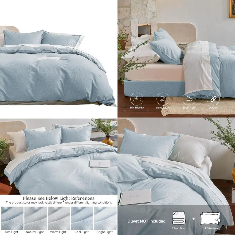 

Full Size 100% Cotton Linen Duvet Cover Set, Breathable & Durable, Dusty Blue, 3-Piece Bedding