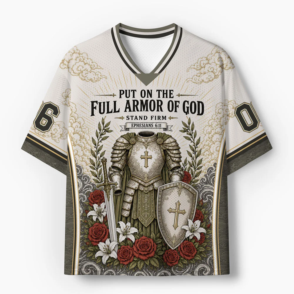 Put On The Full Armor Of God Knight Armor Rose Religious Mesh V Neck Jersey Bible Verse Print Top