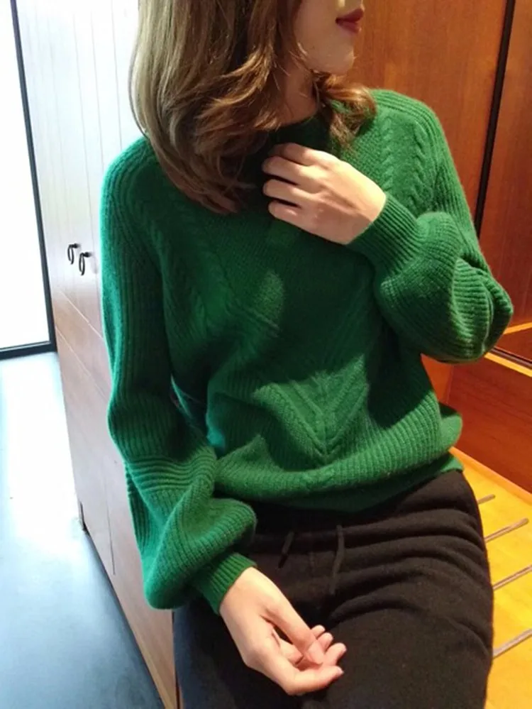 Maglione in puro Cashmere da donna, fascia alta, girocollo, sciolto, addensato, fondo verde retrò, inverno, 100