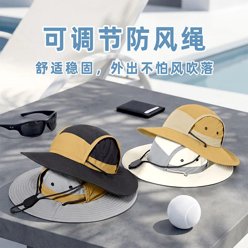 Quick Dry Bucket Hats Color‑blocked Anti-splashing Outdoor Sun Hat Summer Breathable Large Brim Sun Protection Fishing Cap Male