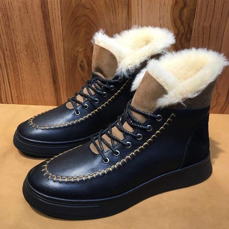 

Winter Snow Boots Men's Wool Shoes Genuine Leather High-Top Fur Casual Outdoor Hiking Chelsea Warm Anti-Slip Cotton Boots Male