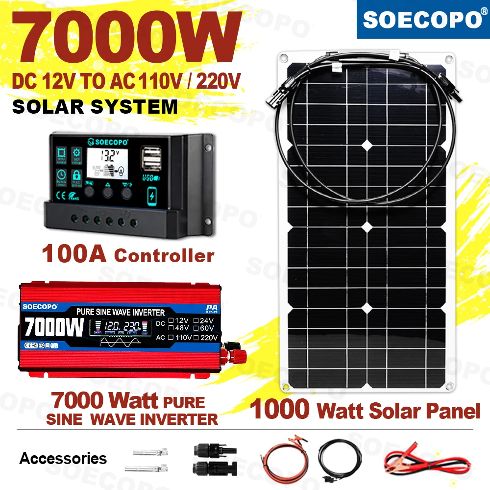 800W Pure Sine Wave Inverter Solar panels complete house kit 7000W Solar Kit 100A Controller 12V Power Station for Garden Farm
