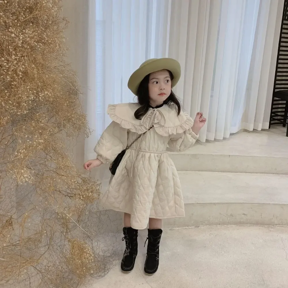 Girls Casual Dresses Korean Childrens Clothing Winter Season New Thickening Turn Dowm Collar Cotton Princess Style Soild Warm