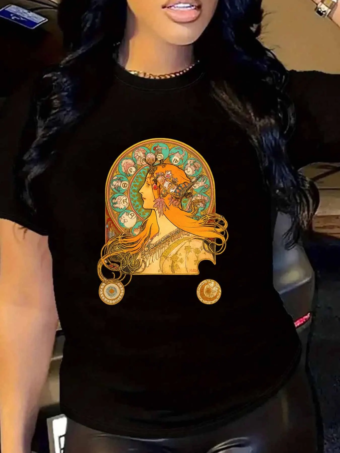 

【WY1318781】Женская футболка больших размеров с круглым вырезом и короткими рукавами, эластичными полурукавами и модными принтами