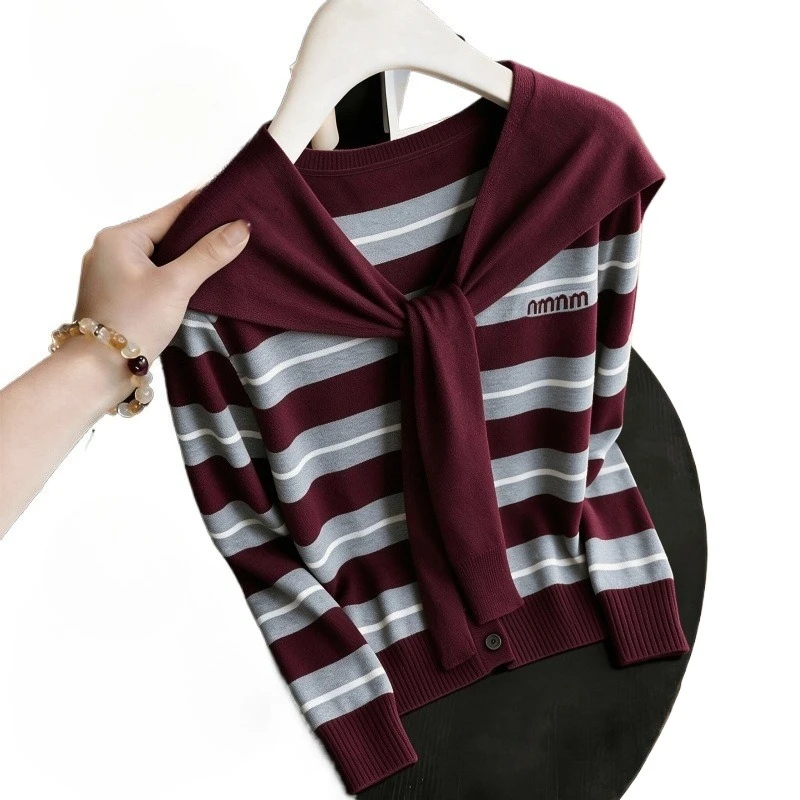 Autumn New Korean Version Loose Thin Round Neck Long-sleeved Knitted Cardigan Women's Sweater Top Two-piece Set Exquisite Simple