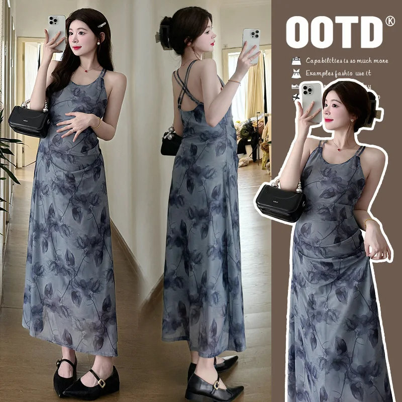 

2025 Summer Maternity Dress - Chinese Ink Wash Print Slip Dress for Pregnant Women, Slim-Fit French Inspired Vacation Dress