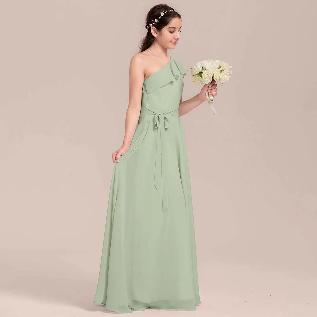 YZYmanualroom Chiffon Junior Bridesmaid Dress With Cascading Ruffles A-line One Shoulder Floor-Length 2-15T