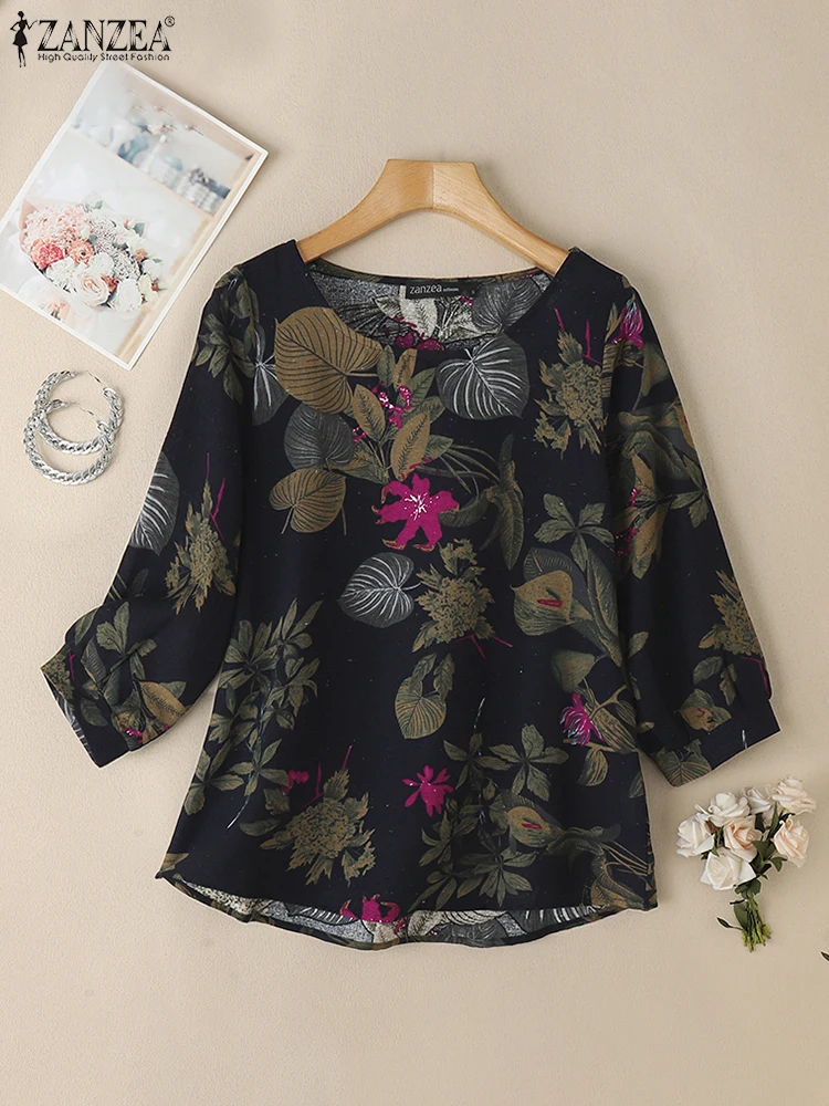ZANZEA 2025 Camicia di cotone allentata autunno Camicetta floreale bohemien da donna Top con maniche a 3/4 vintage Tunica casual Moda Top Blusas