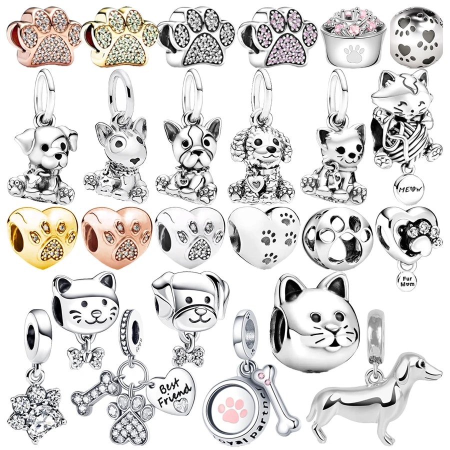 Hot DIY Women Sparkling Paw Print Dog Dangle Charms Beads Fit Original Pandora 925 Sterling Silver Bracelet Jewelry Fashion Gift