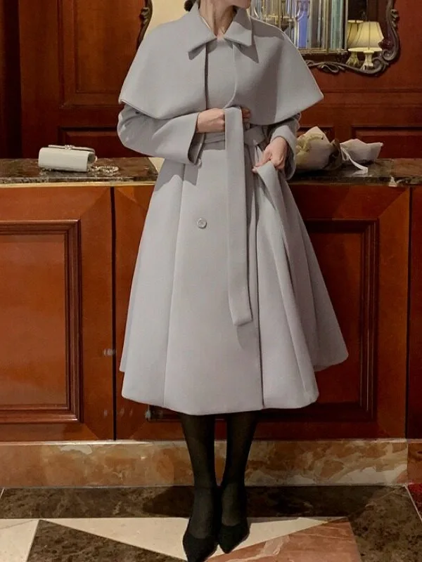Retro Detachable Cloak Woolen Coat Women's Winter New Style High-End Feeling Belted Tweed Coat Korean Style Spring Autumn Winter
