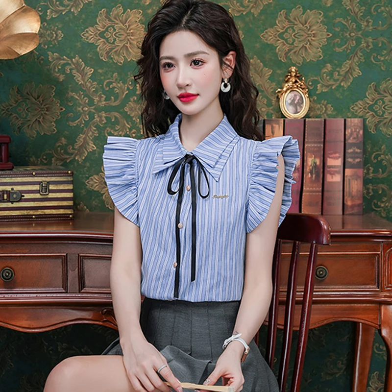 Preppy Style Simple Striped Blouses Flying Sleeve Polo-Neck Tops Spring Summer Elegant Office Lady Casual Bow Shirts Streetwear