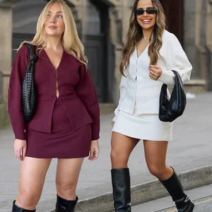 Trafza-Mini-Röcke Linie A und Strickjacken-Long-Ärmel mit V-Ausschnitt für Frauen, feine monochromatische Sets, Freizeit und Straße, Rotwein, Herbst 2022 12 Hauptverkäufe setzte rote Kleidung - №9