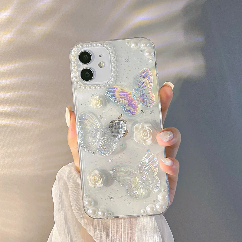 Glitter Dazzling 3D Butterfly Pearl Flower Star Transparent Cover Case For iPhone 11 12 13 14 15 Pro Max 7 8 Plus Mini X XR XS