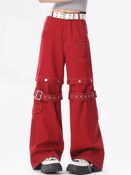 2023 Ropa Grunge Y 2K Mode Rode Verwijderbare Baggy Cargo Jeans Broek Voor Vrouwen Kleding Rechte Wijde Pijpen Jurk Nieuwe Rock Broek