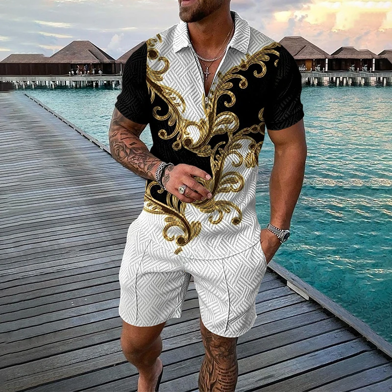 2023 Summer Men\'s Set Fashion Casual 3D Printing V-Neck Zipper Short Sleeve POLO Shirt Shorts Men\'s Set 2 Pieces Men\'s Clothing