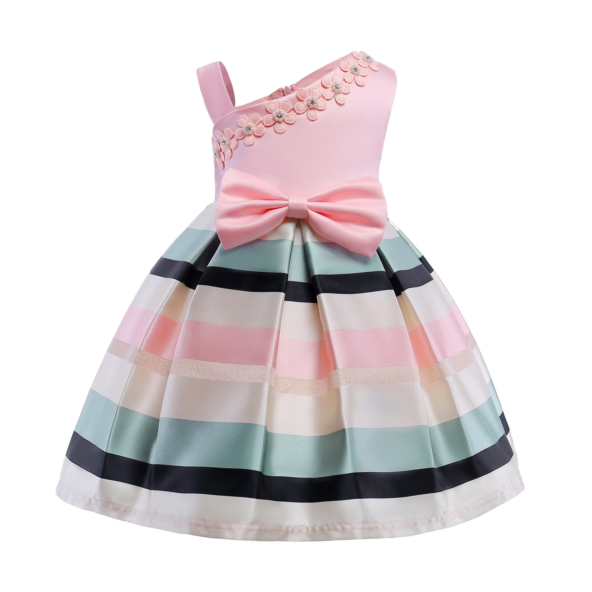 

Drop Ship 2024 One Shoulder Stripe Toddler girls Birthday Dresses Vestido Holiday Party Princess Elegant Ball Gown Casual Dress