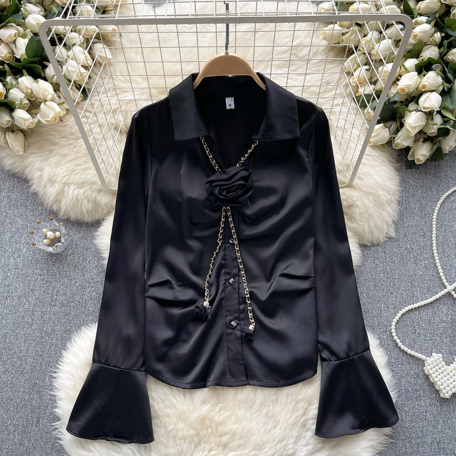 BoozRey 2024 Spring Fashion Elegant Blouse Women Chain Cubic Flower Tie Slim Flare Long Sleeve Top Folds Shirts for Women