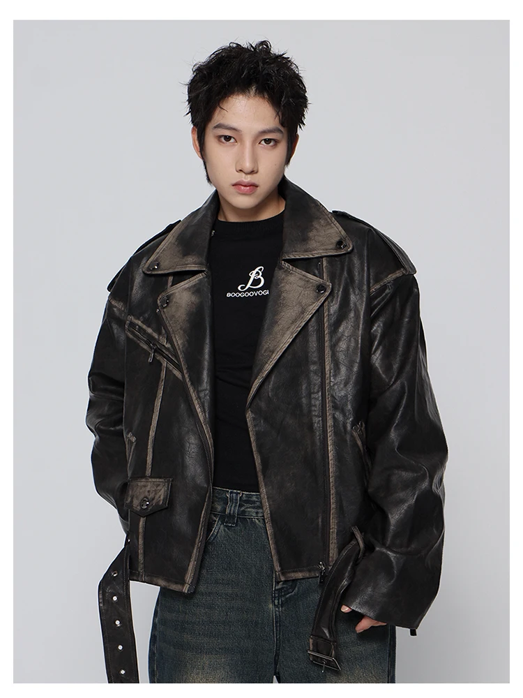 Mauroicardi Spring Cool Handsome Vintage Distressed Black Pu Leather Biker Jacket Men Belt Zipper Loose Unisex Clothes 2024 10 S7011a5b5b68e451b825839e24c78e6169