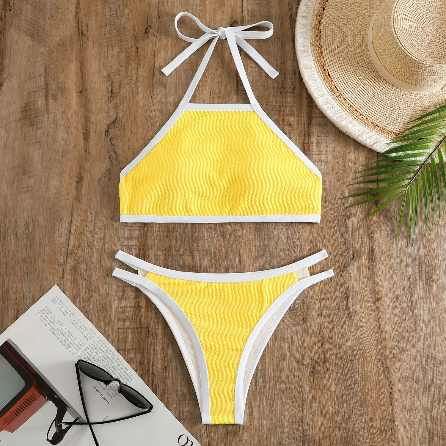 Sexy Neckholder-Bikini-Sets mit Krawatte, Patchwork, zweiteilig, rückenfrei, hohe Taille, Badeanzug, Bademode, conjunto de Bikini, Tankini, Strandmode