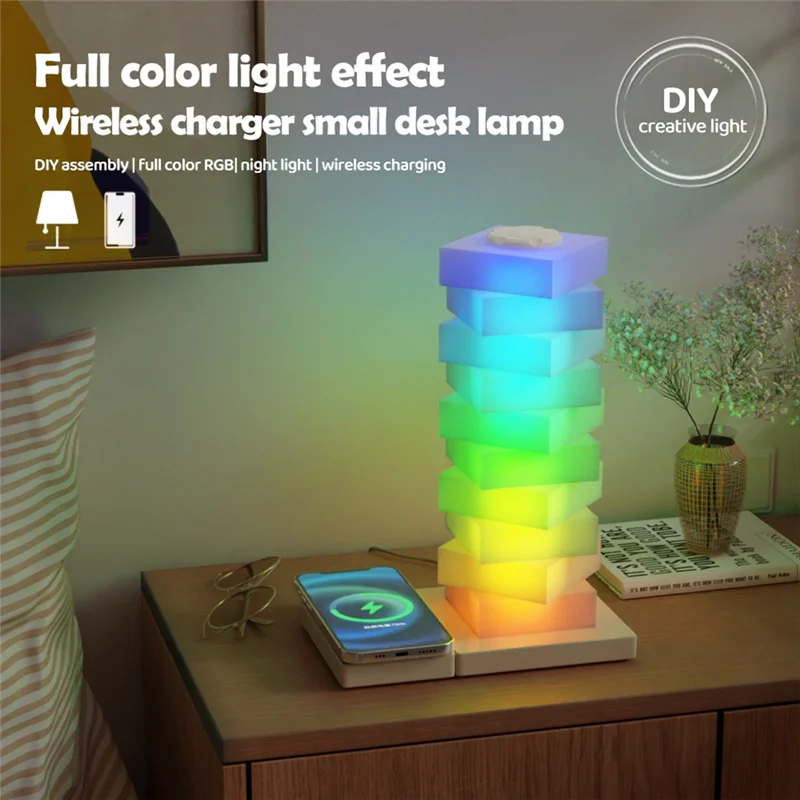 

AT19-LED Bedside Table Lamp Wireless Charger Night Light Ambient Light RGB DIY Dimmable Nightstand Lamp Bedroom Dec