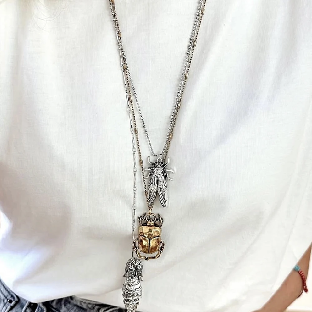 

Fashion Retro Charm 3 Layers Metal Necklace For Women Insect Long Chain Jewelry Vintage Holiday Accessories