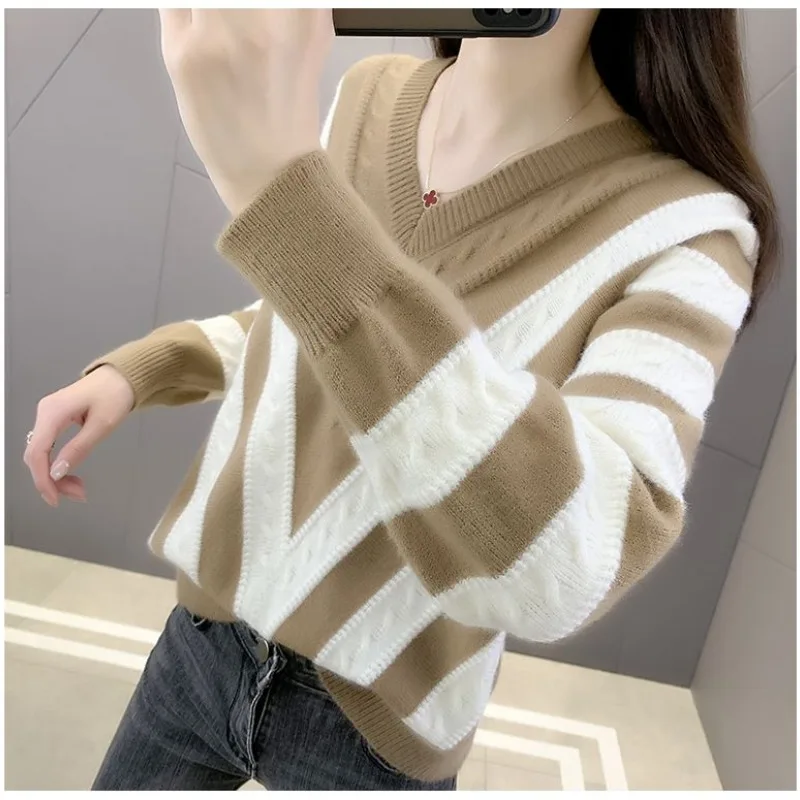 Women's Autumn Winter Solid V-Neck Pullover Striped Screw Thread Paisley Long Sleeve Sweater Knitted Casual Loose Elegant Tops