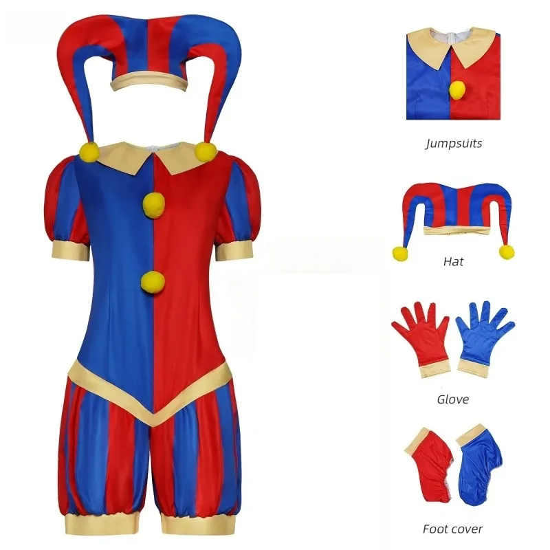 

Anime Pomni Cosplay Costume The Amazing Digital Circus Cartoon Uniform Hat Gloves Halloween Carnival Party Role Playing Outfits