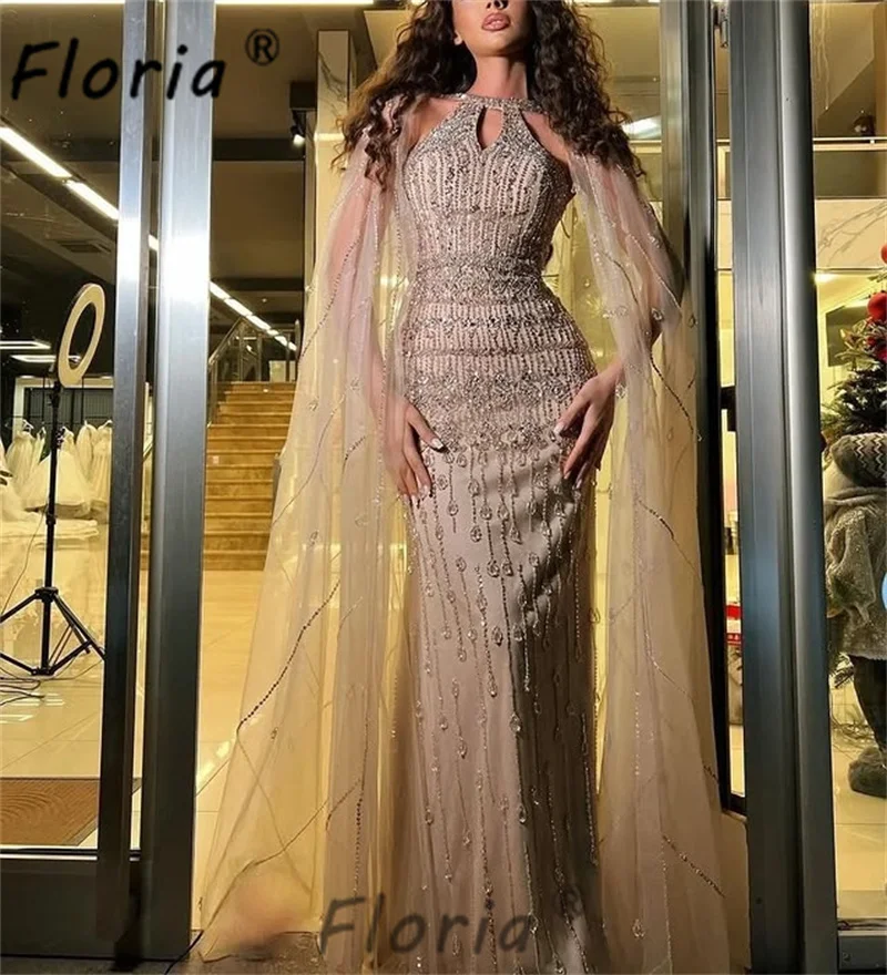 Couture Dubai Crystals Bead Mermaid Prom Dress Sparkly Sequined Evening Gowns Customized Long Cape Wedding Party Dresses 2025