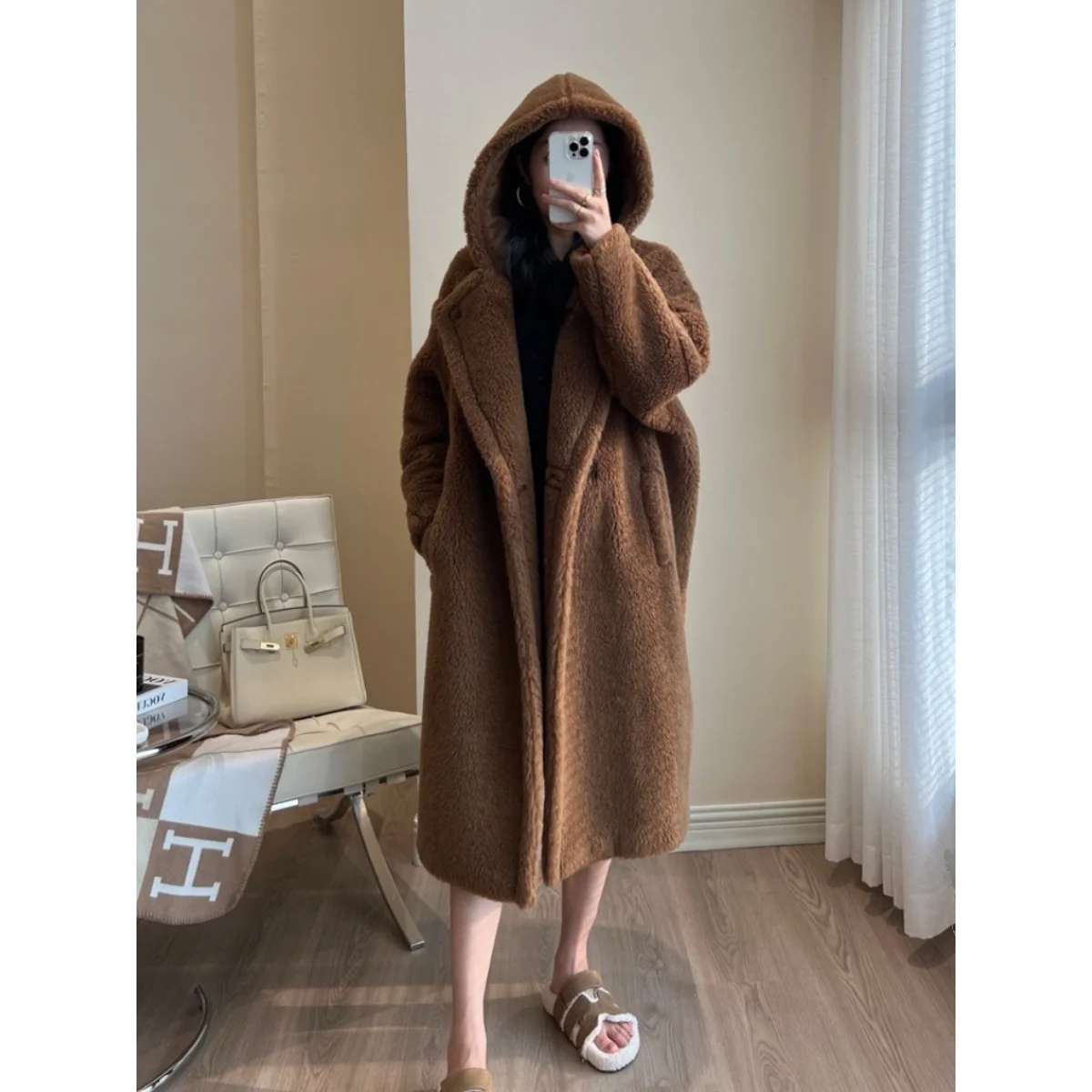 

Оригинальная женская шерстяная шуба средней длины с капюшоном Quali, осень-зима, новая верхняя одежда Jaet Faionable Ele