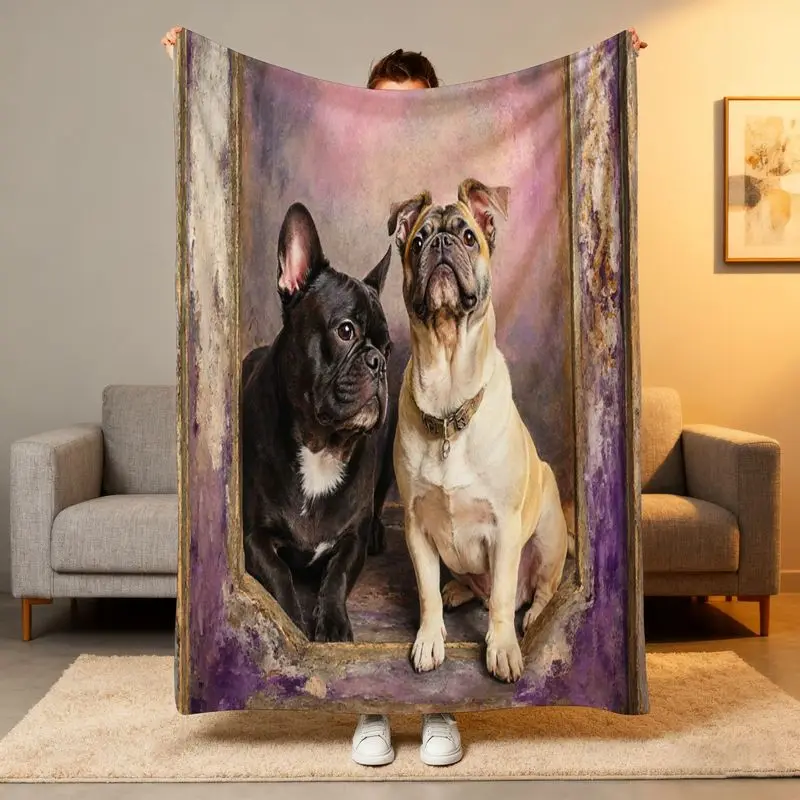 

1pc French Bulldog Art Fleece Blanket - Black & Tan Paintings, All-Season Luxury Sofa Bedspread