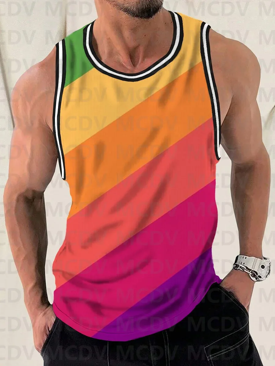 Men's Rainbow Gradient Print Casual Crew Neck Tank Top 3D Printed Tank Tops Men Summer Tops