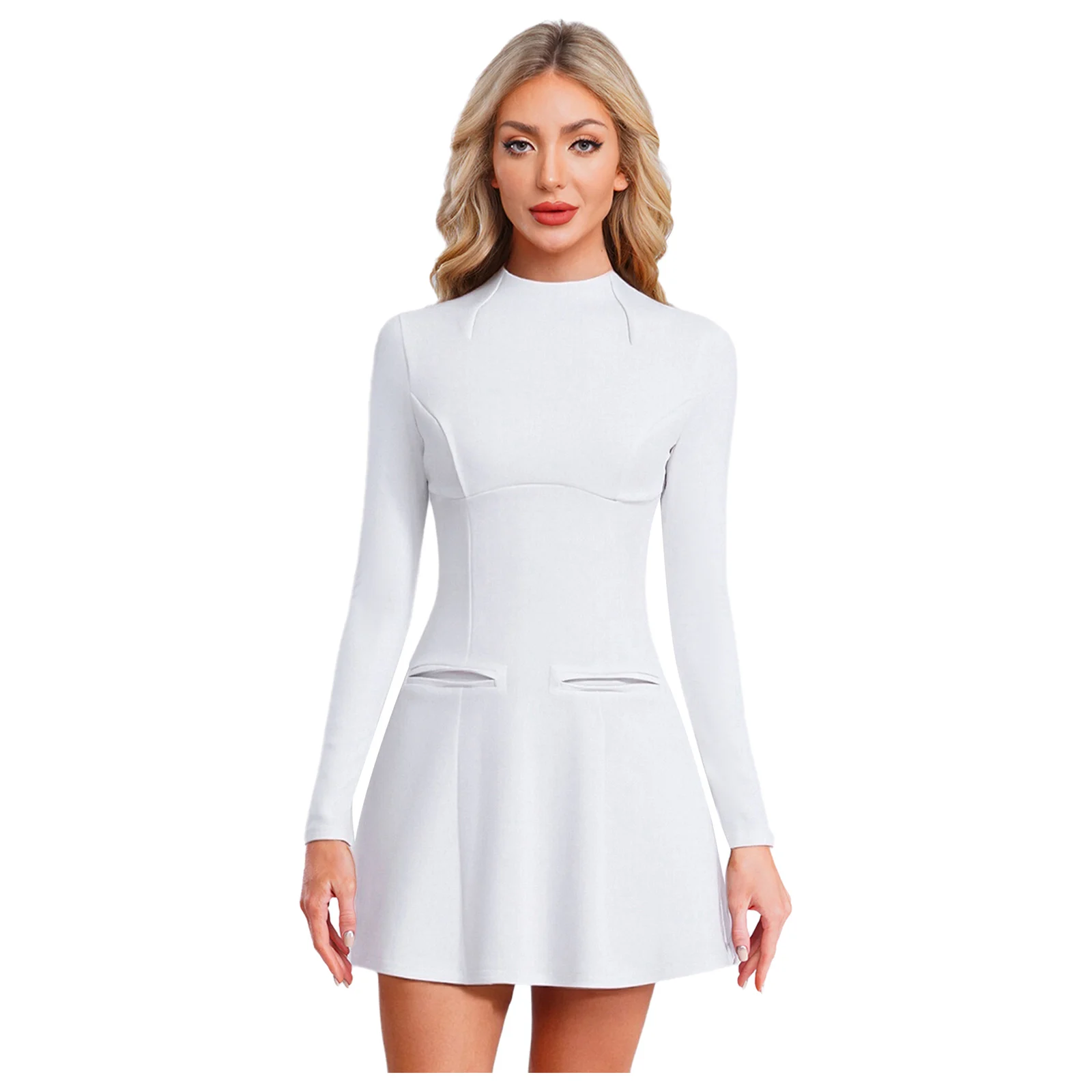 

Women Elegant Mini Dress Long Sleeve with Split Cuffs Back Hollow-out Slim Waist A-line Dress for Evenings Birthday Banquets