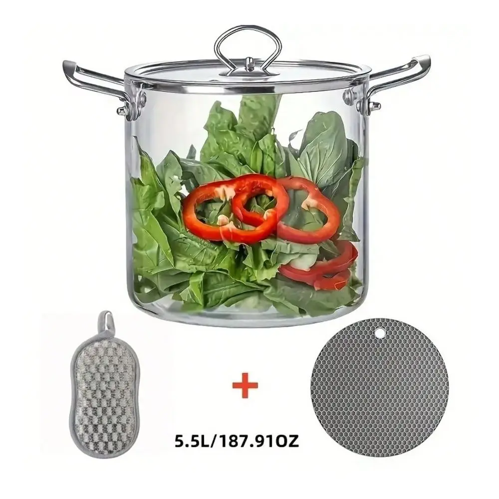 

Стеклянная кастрюля из нержавеющей стали объемом 5,5 л с ручкой, термостойкой подставкой и мочалкой, подходит для индукционных и электрических плит.