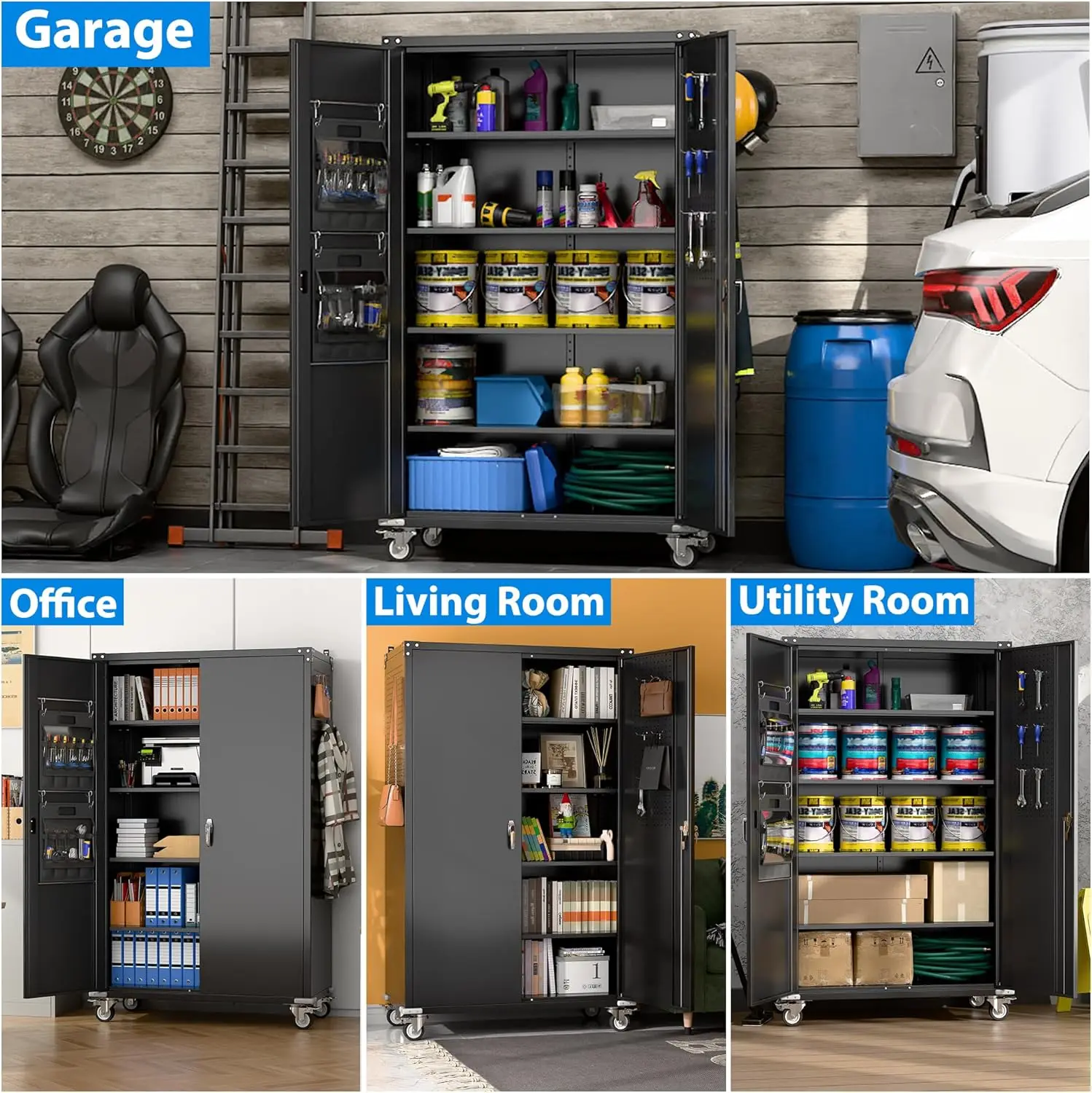 Metal Storage Cabinet on Wheels with Door Pegboard and 2 Rods for Garage Home Storage, Assembly Required