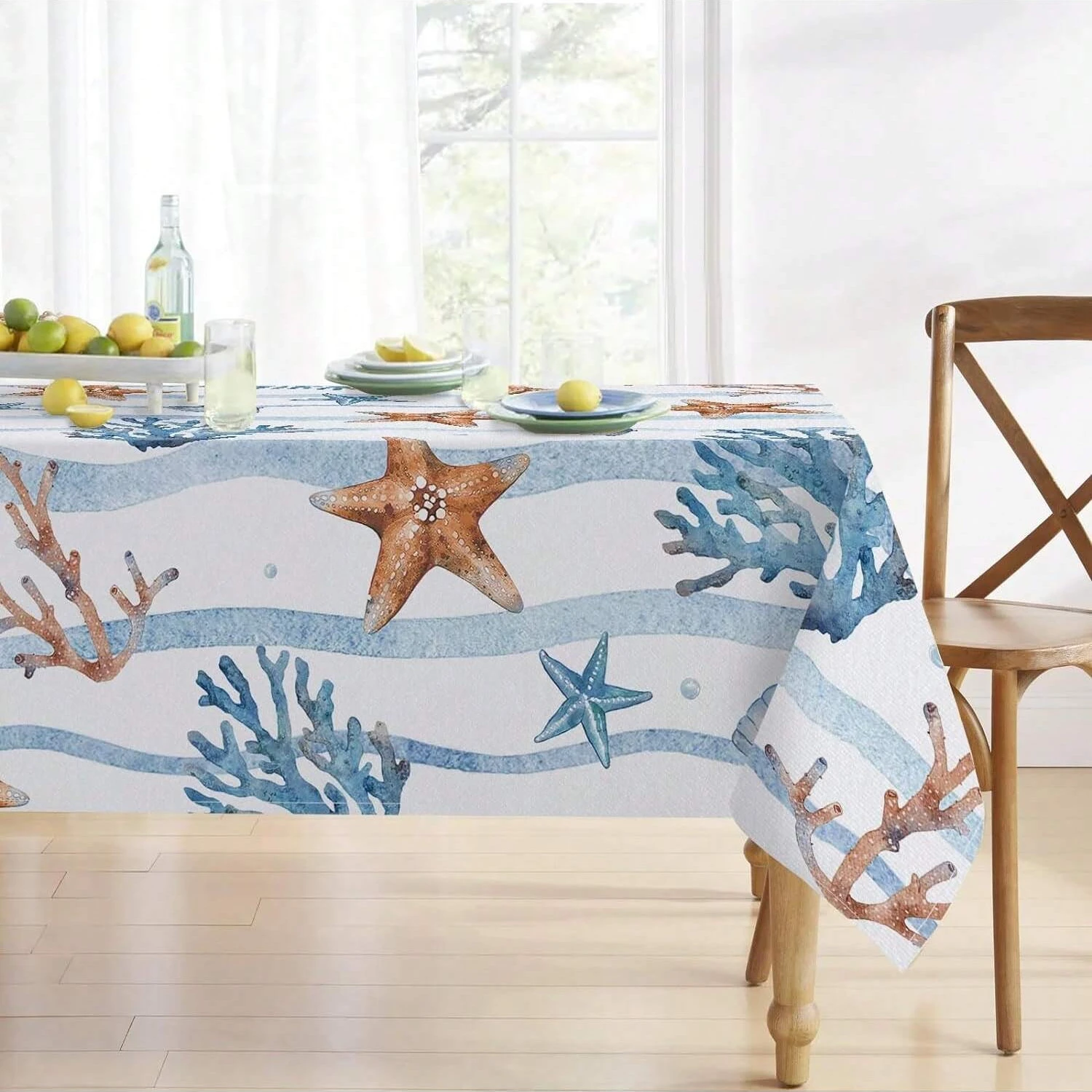 Summer Sea Star Conch Coral Tablecloth Coastal Waves Striped Table Cover for Nautical Dining Table Beach Party Picnic Decoration